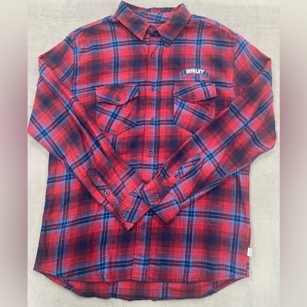 Hurley Shirt Mens Red Blue Plaid Flannel Size M